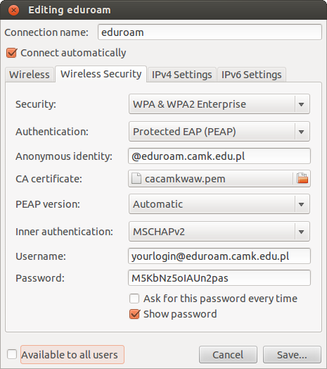 eduroam config screen